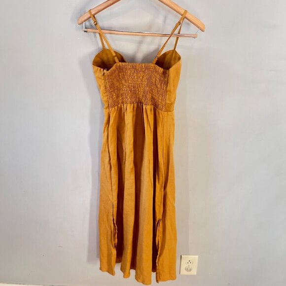 Faithfull The Brand Womens XS Mustard Linen Midi Dress With Bow & Button Detail - Picture 4 of 6